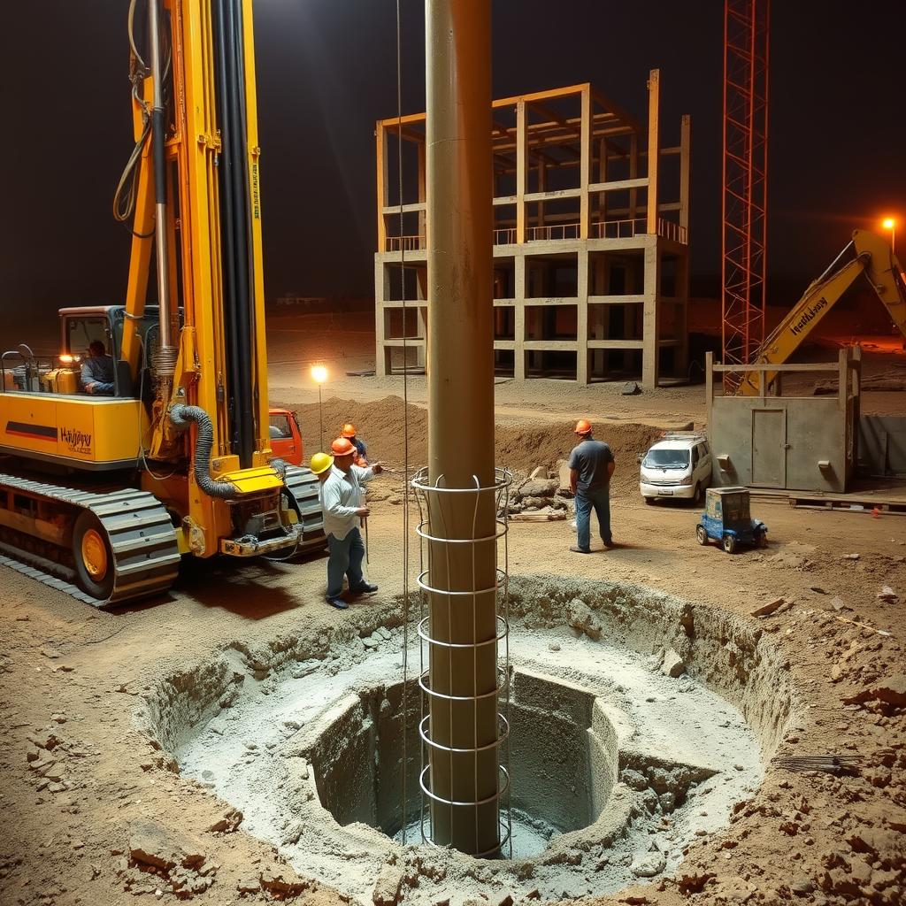 A construction site with workers diligently operating heavy machinery to create a sturdy, earthquake-resistant foundation. In the foreground, a Hadiwijaya Bore Pile drilling rig steadily penetrates the earth, its powerful auger carving a deep, cylindrical borehole. Surrounding the rig, workers guide the reinforcement cage into the borehole, ensuring precise placement. In the middle ground, concrete is meticulously poured, filling the void and forming the solid, load-bearing core of the bore pile. In the background, a partially completed structure rises, a testament to the robust foundation being established. The scene is illuminated by warm, directional lighting, highlighting the careful precision and skilled craftsmanship of the construction process. A construction site with workers diligently operating heavy machinery to create a sturdy, earthquake-resistant foundation. In the foreground, a Hadiwijaya Bore Pile drilling rig steadily penetrates the earth, its powerful auger carving a deep, cylindrical borehole. Surrounding the rig, workers guide the reinforcement cage into the borehole, ensuring precise placement. In the middle ground, concrete is meticulously poured, filling the void and forming the solid, load-bearing core of the bore pile. In the background, a partially completed structure rises, a testament to the robust foundation being established. The scene is illuminated by warm, directional lighting, highlighting the careful precision and skilled craftsmanship of the construction process.