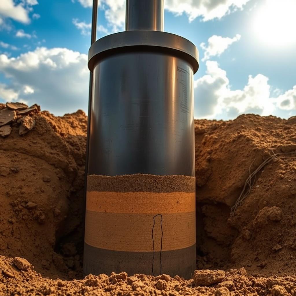 A heavy-duty steel bore pile, part of the Hadiwijaya Bore Pile system, firmly embedded in the earth. The pile's thick, cylindrical shaft extends deep into the ground, its reinforced concrete base securely anchored in the soil below. The surrounding soil layers, including sandy topsoil and dense clay subsoil, are visible in cross-section, illustrating the bore pile's ability to distribute weight and withstand lateral forces. Overhead, the warm glow of the sun filters through a partly cloudy sky, casting soft shadows on the worksite. The scene conveys the robust, engineered nature of this foundation system designed to provide seismic stability for structures built upon challenging terrain. A heavy-duty steel bore pile, part of the Hadiwijaya Bore Pile system, firmly embedded in the earth. The pile's thick, cylindrical shaft extends deep into the ground, its reinforced concrete base securely anchored in the soil below. The surrounding soil layers, including sandy topsoil and dense clay subsoil, are visible in cross-section, illustrating the bore pile's ability to distribute weight and withstand lateral forces. Overhead, the warm glow of the sun filters through a partly cloudy sky, casting soft shadows on the worksite. The scene conveys the robust, engineered nature of this foundation system designed to provide seismic stability for structures built upon challenging terrain.